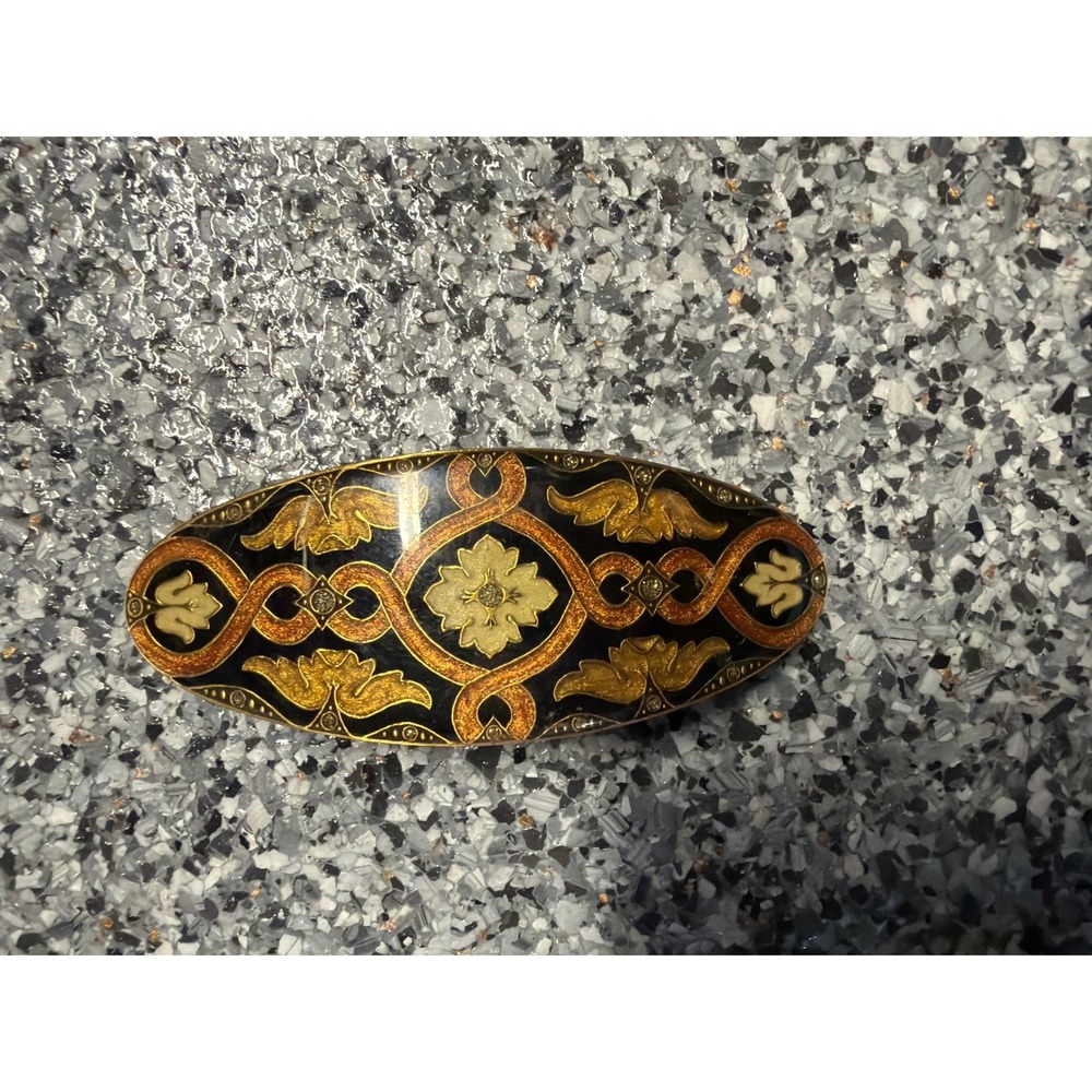 Vintage Made in France Damascene Style Hair Barrette Black Gold Floral Oval Clip